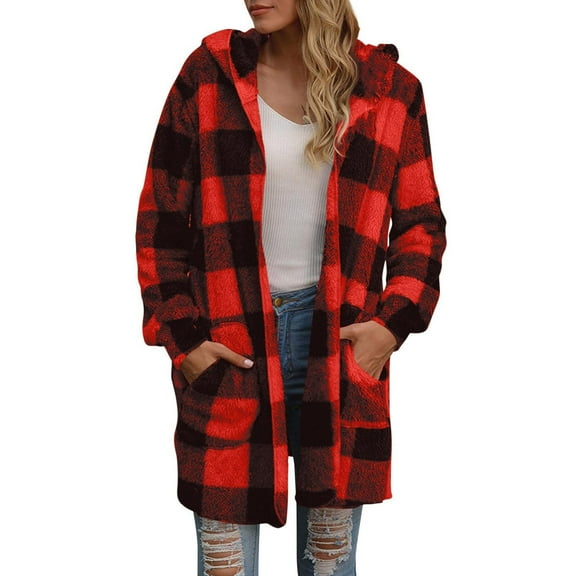 Chbgutlmr Fleece Jacket Women Open Front Long Sleeve Plaid Casual Outerwear Fall Winter Fuzzy Warm Hooded Coat with Pockets