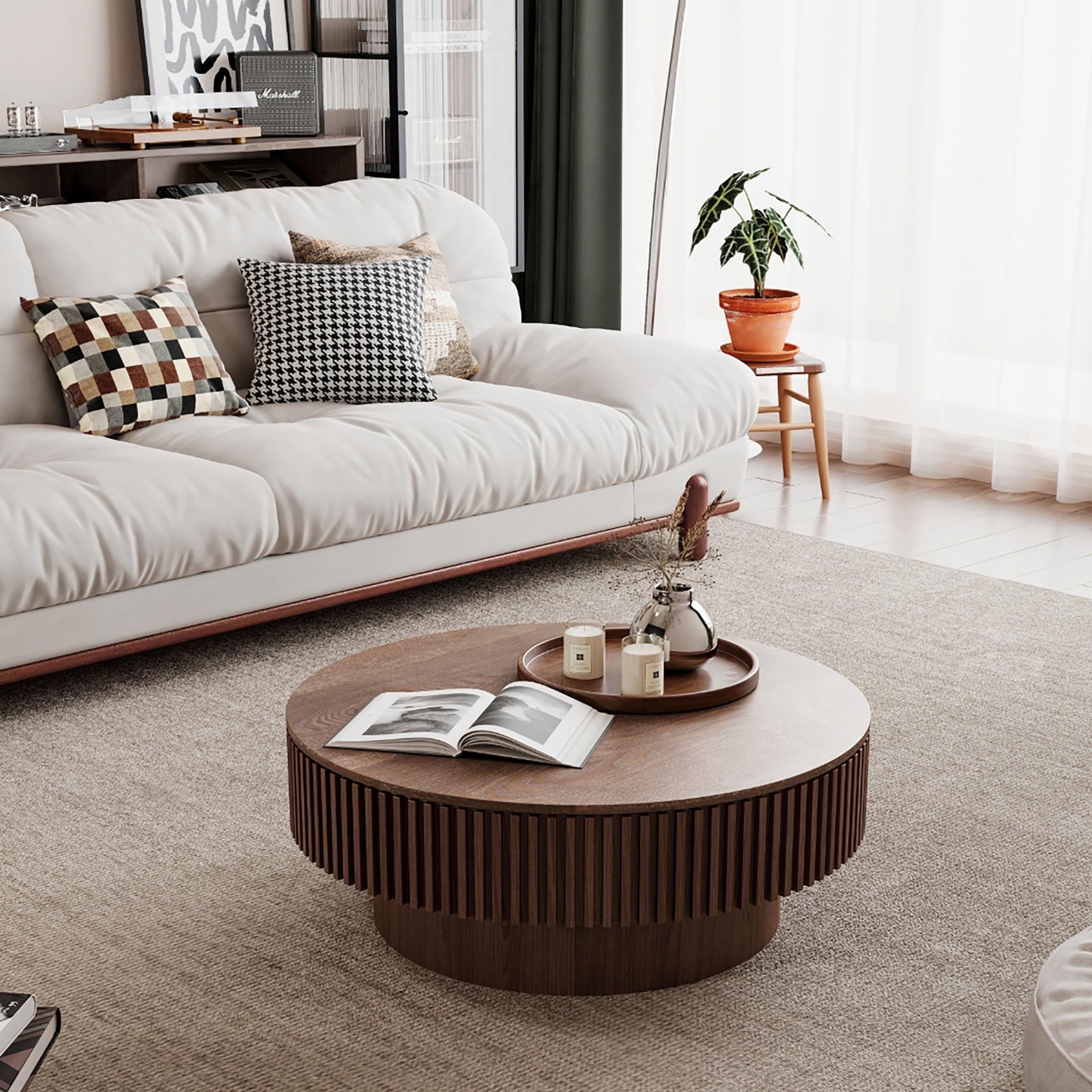 Noble House Leigh 31.5'' Round Modern Coffee Table with Hidden Storage, Solid Wood Veneer, Accent Tea Table, Walnut
