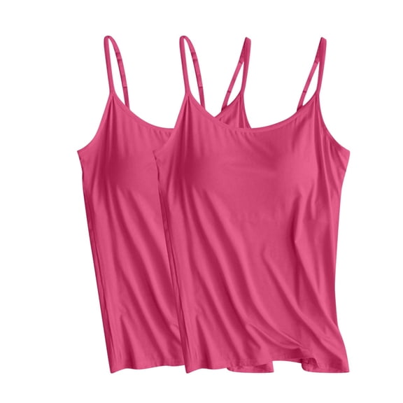 QUINDOS Womens Tank Tops 2 Pack Athletic with Built in Bras Summer Camisoles for Women Pack Spaghetti Strap Crew Neck Gym Sleeveless MultiPack Shirts Tops Solid Color Undershirts