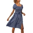 thumbnail image 6 of Qiylii Women Midi Dress, Elegant Short Sleeve Square Neck Plaid Summer Casual Daily Dress, 6 of 9
