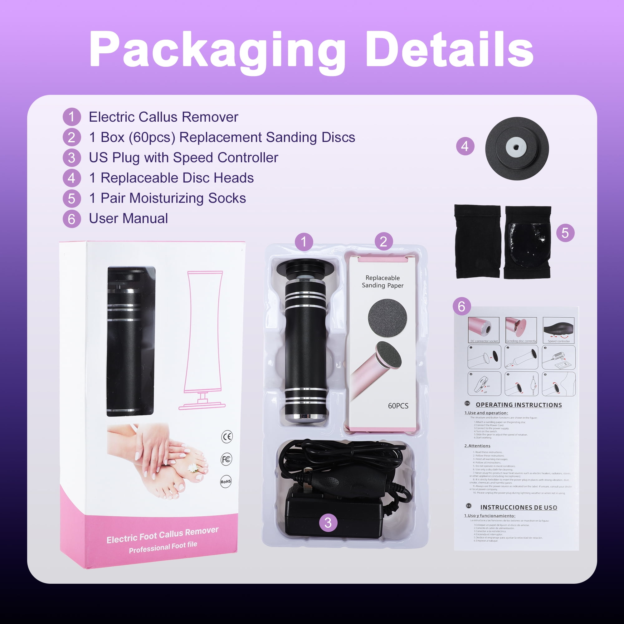 Unique Bargains 1200RPM Electric Callus Remover for Feet 2 Replaceable Grinding Discs 60 Sandpaper Discs 1 Moisturizing Heel Socks Professional Pedicure Kit for Dead Skin & Hard Cracked Heels