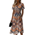 thumbnail image 3 of Boho Floral Print A Line Midi Casual Dress Women's V Neck Short Sleeve Dress Summer Outfit Flowy Lightweight Party Wear Vacation Retro Chic Saffron XXXL, 3 of 6