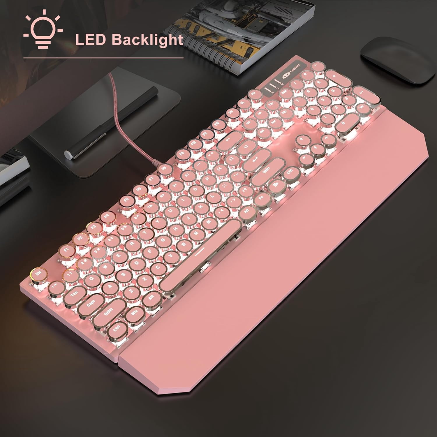 Typewriter Mechanical Gaming Keyboard and Mouse Combo, Retro Punk Round Keycaps Rgb Rainbow Backlit Wired Keyboard for Game and Office