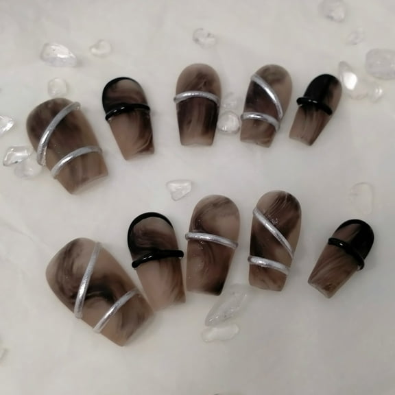 press on nails fake Purely hand-made wearable nails black ink winding matte short ladder advanced