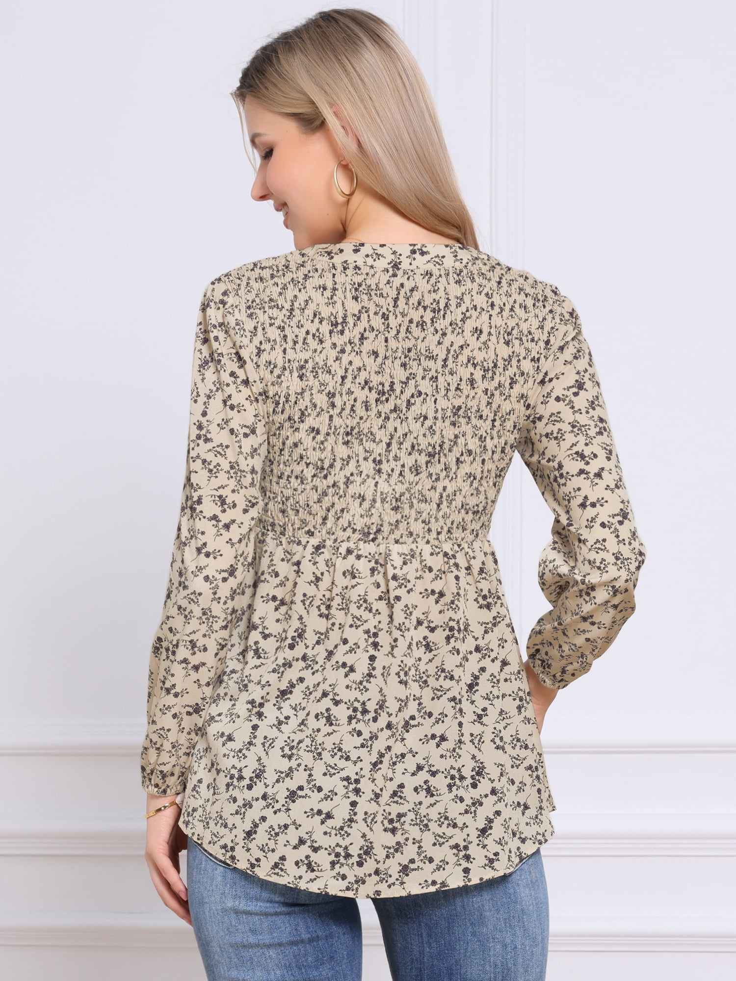 DARING DIVA Women'S V Neck Long Sleeves Casual Smocked Top XL Apricot