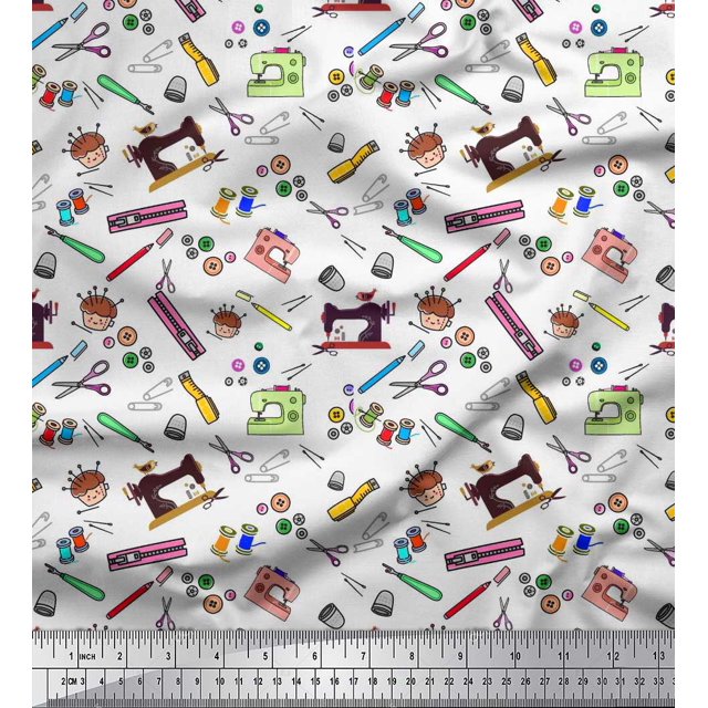 Soimoi Poly Georgette Fabric Scissor,Buttons & Machine Sewing Print Fabric by The Yard 52 Inch Wide