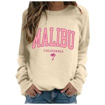 Womens Sweatshirts Malibu Letter Print Fall Crewneck Sweatshirt Relaxed Fit Basic Top Essential Casual Outfit Hoodies for Women Light Yellow M