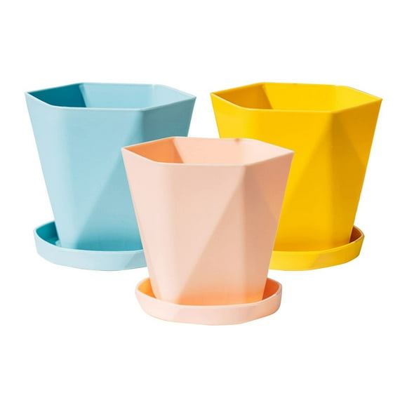 Piwvid Plant Pots with Drainage Hole and Saucer Indoor Outdoor Flower Pots Geometric Flower Pots for Violet Orchid Succulent Cactus Plants Decoration for Home Garden Office (Blue, Pink, Yellow)