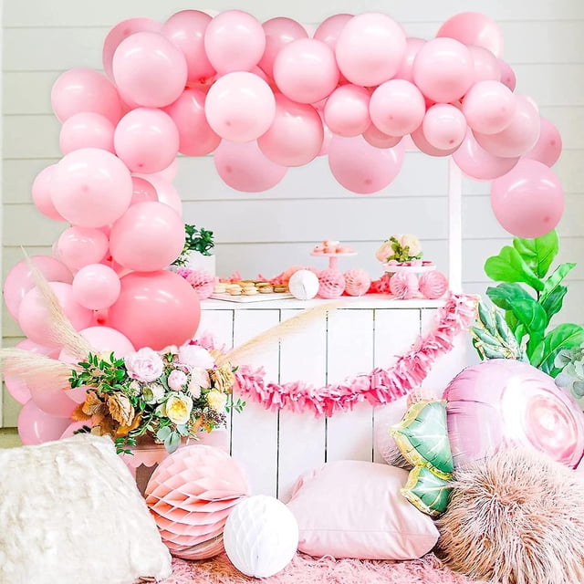 Kit de arco de guirnalda de globos rosa pastel de 106 piezas, juego de globos de fiesta de látex rosa claro de 5, 10, 12 y 18 pulgadas con tira de globos para bodas, cumpleaños, niñas y bebé
