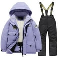 thumbnail image 2 of Xfvqtps Ski Jacket and Black Pant Set Snowsuit Plush Lined Hooded Coat and Overalls Waterproof Windproof Winter Warm Snowboarding Suit Purple, 2 of 4