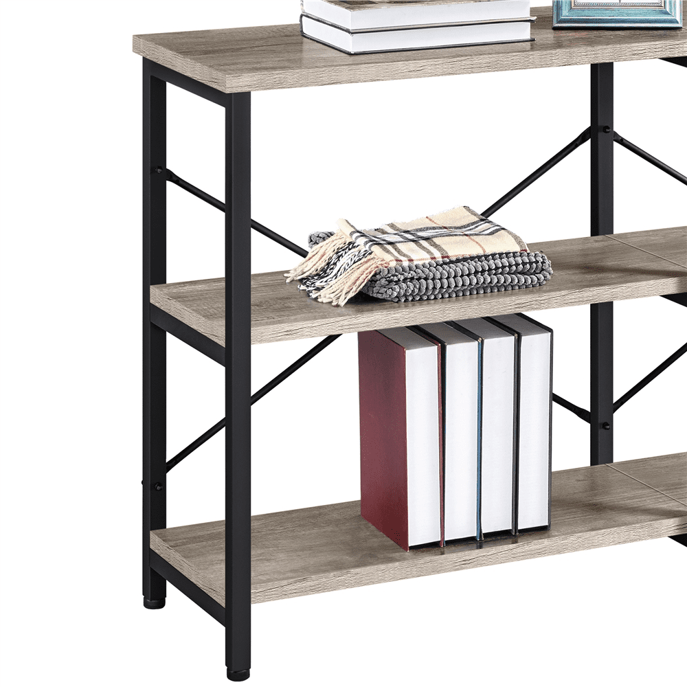 Alden Design 3-Tier Industrial Wooden Console Table with Metal Frame for Living Room, Rustic Gray
