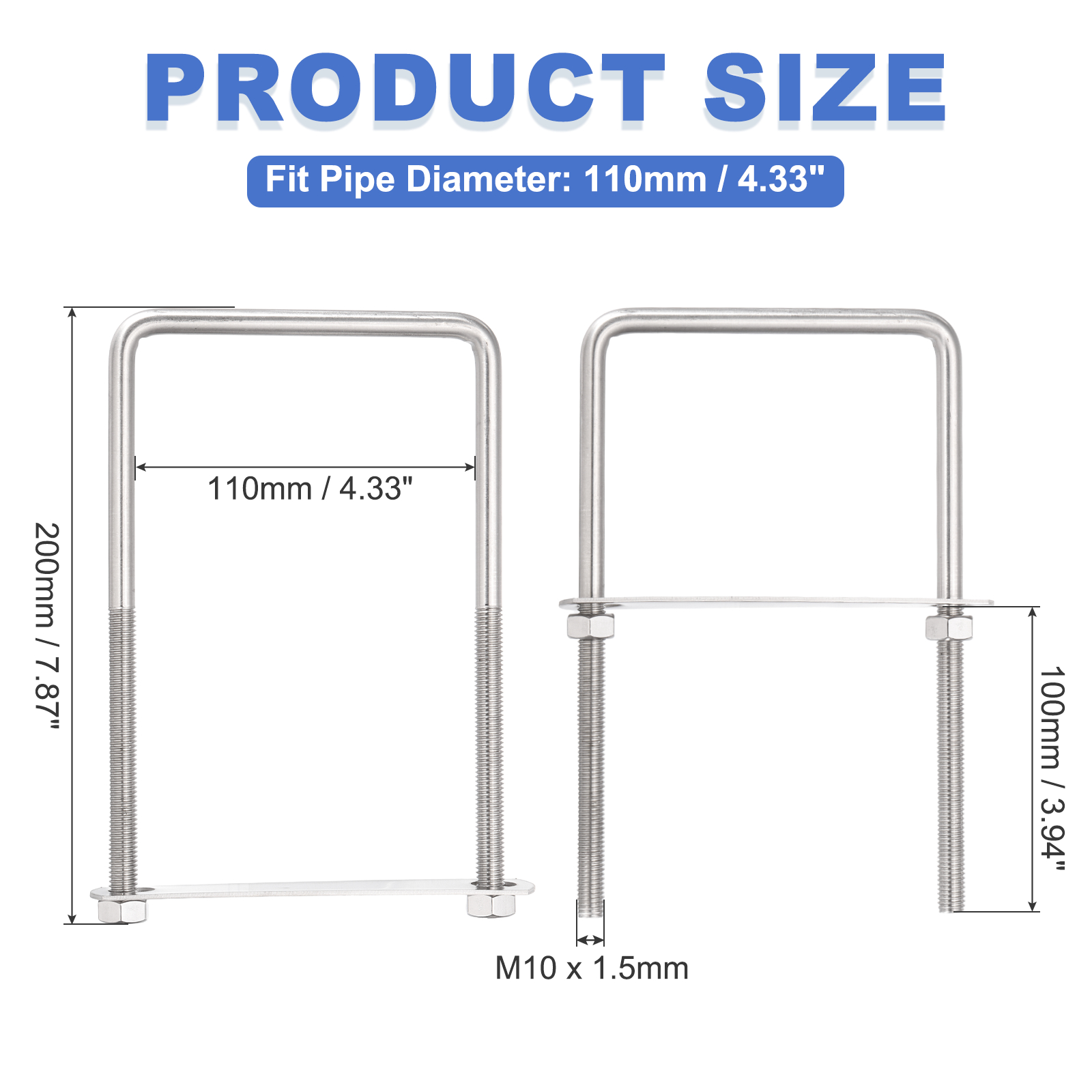 Uxcell 2 Sets M10 Square U-Bolts, 4.33" Inner Width 7.87" Length 304 Stainless Steel U Clamp Bolts with Nuts, Plates and Wrench