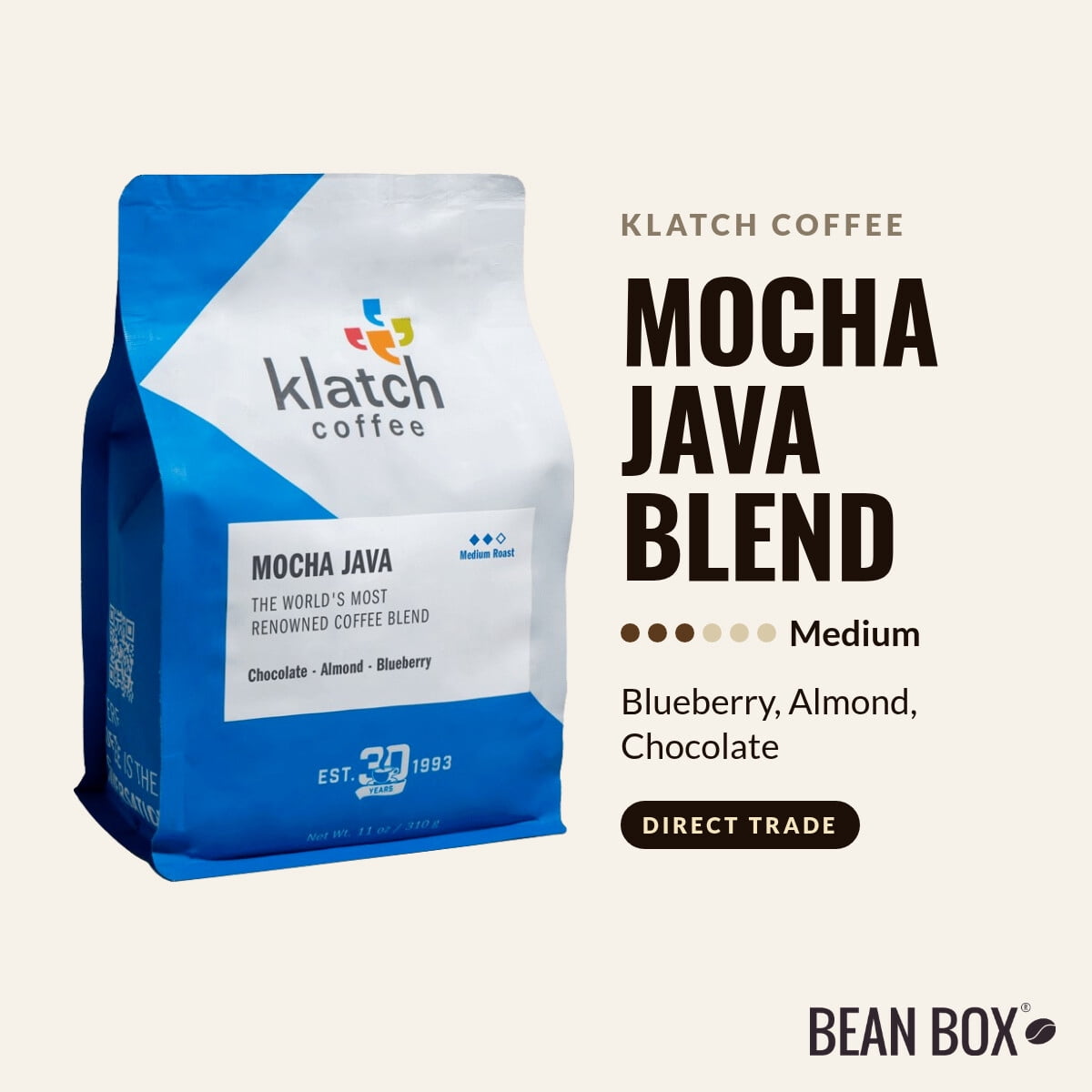 Mocha Java Blend - Roasted by Klatch Coffee - Whole Bean Coffee - 310g Bag
