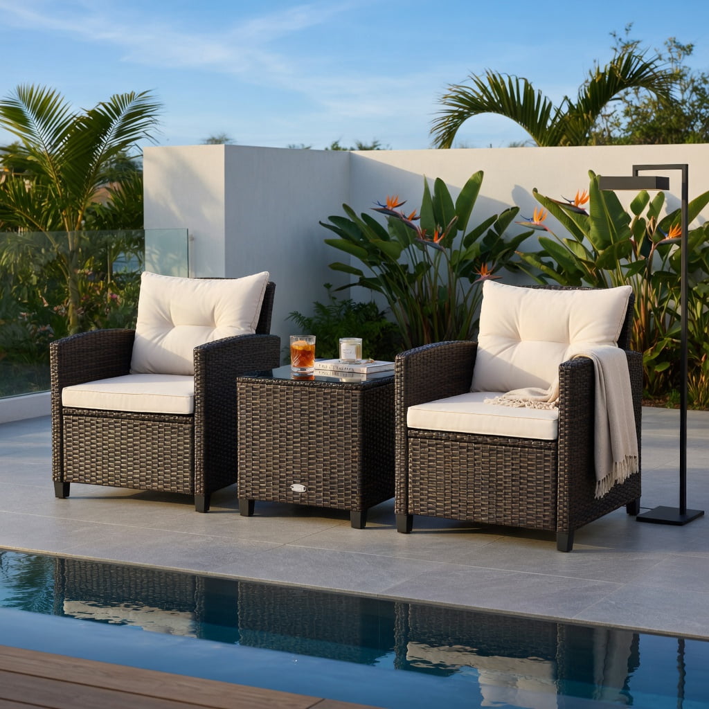 Hommoo 3-Piece Outdoor Rattan Patio Furniture Set with Cushions, Wicker Conversation Set Including 2 Chairs & 1 Coffee Table, White
