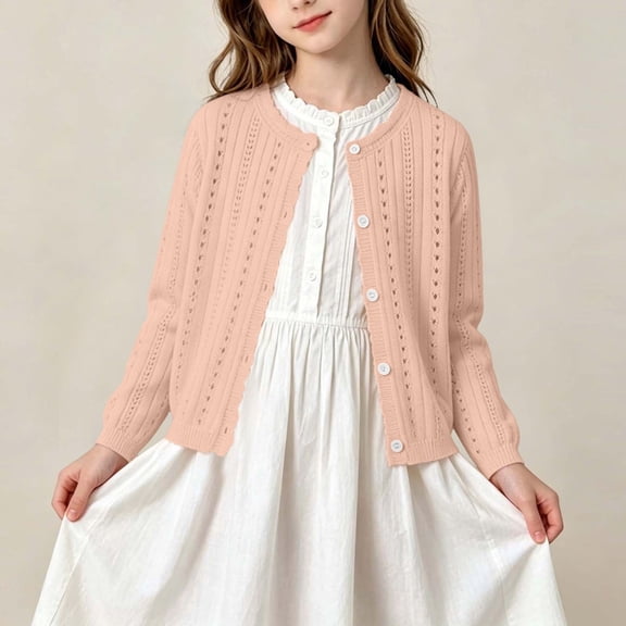 Xdegoge Girls Pointelle Knit Cardigan Sweaters Long Sleeve Button Down Hollow Out Lightweight Casual Outerwear Tops Comfortable Fall Spring School Clothes for Kids