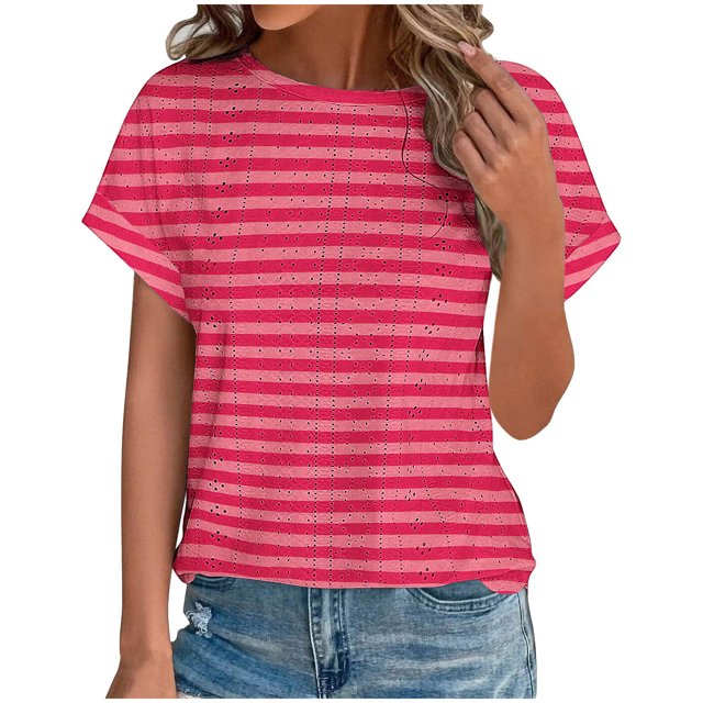 Plebaso T-Shirts à Œillets pour Femmes Manches Courtes Rayées Col Rond Hauts Légers Blouses de Plage d'Été
