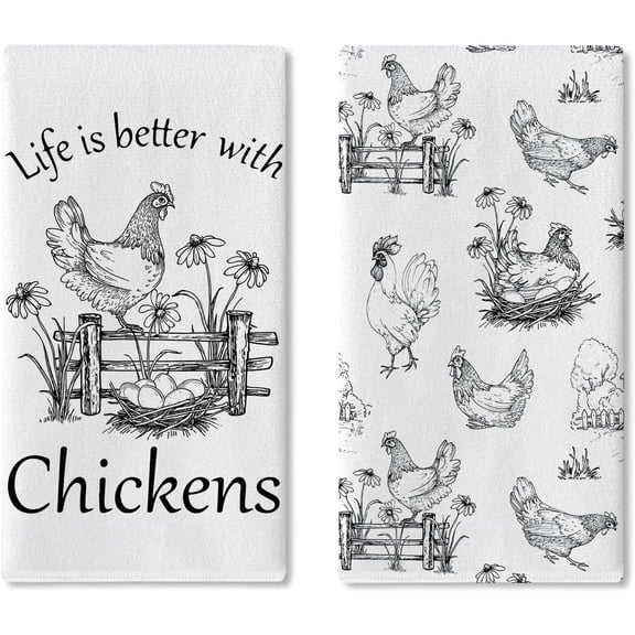 Farmhouse Live is Better with Chickens Kitchen Dish Towels Set of 2, Vintage Farm Rooster Hen Drying Hand Towel Baking Cooking Cloth, Rustic Country Eggs Floral Bathroom Home Decor 18'' x 26''