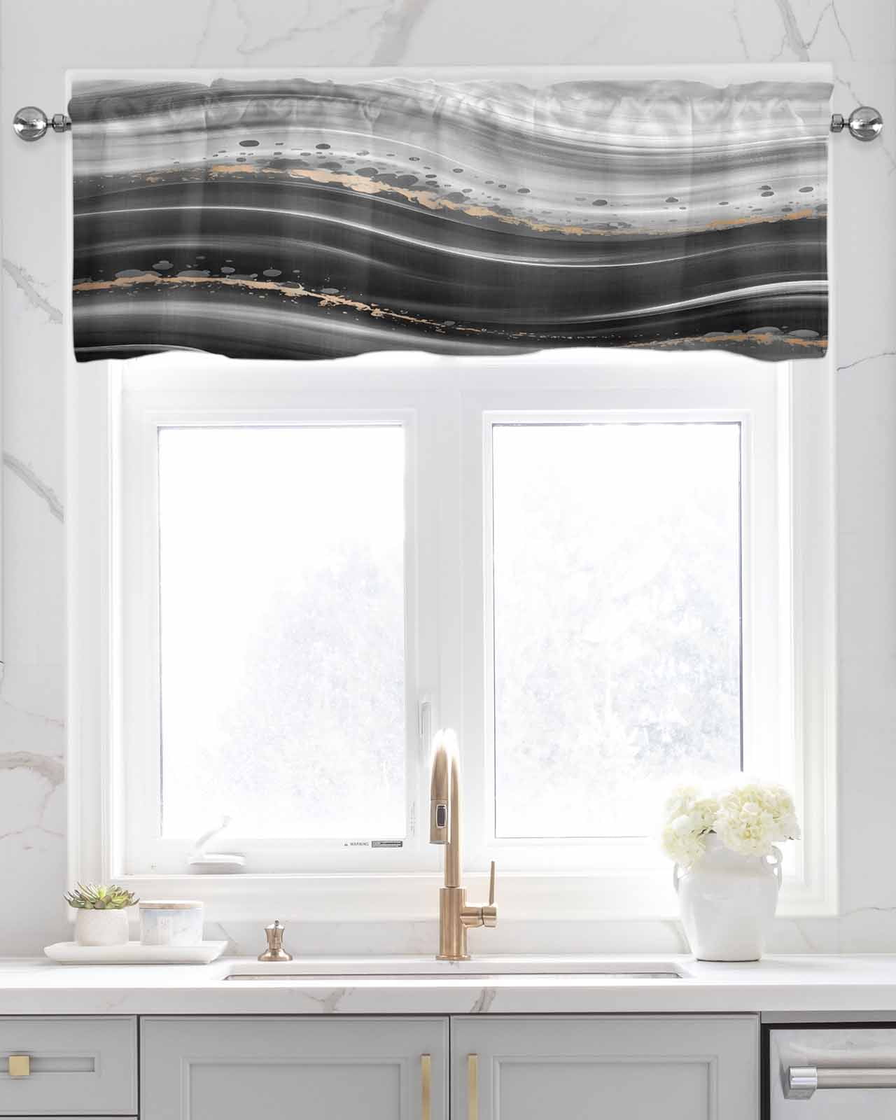 Marble Kitchen Valances for Windows Farmhouse Linen Window Valance Curtain for Living Room Window Treatment Black Grey Oil Painting Gradient Mottled Waves Valance Rod Pocket Topper, 42 x 18 Inch