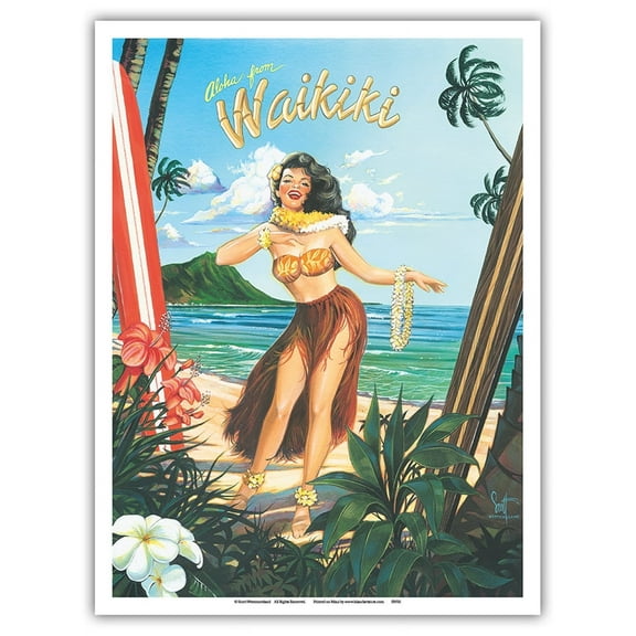 Aloha from Waikiki - Hula Girl Dancer - From an Original Color Painting by Scott Westmoreland - Master Art Print (Unframed) 9in x 12in