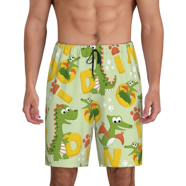 Balery Cartoon Dinosaurs Pantalones cortos de pijama de punto de algodón para hombre con cinturilla y bolsillos-X-Large