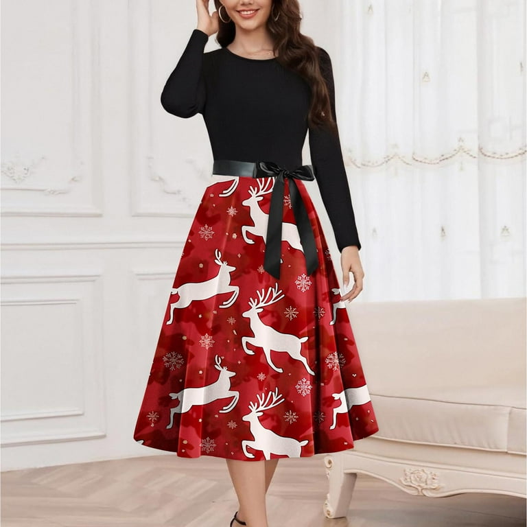 Lorytime Christmas 50s Dresses for Women Vintage Reindeer Crew Neck A Line Dress Long Sleeve Party Dresses with Belt, Women's, Size: Small, White