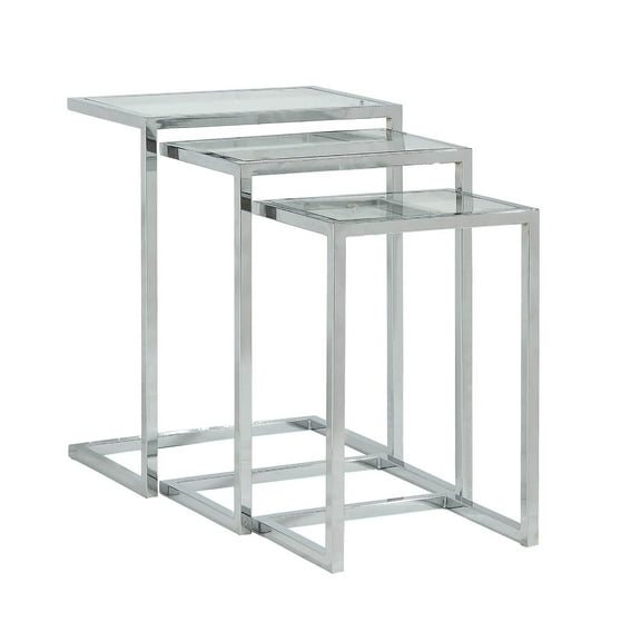Contemporary Home Living Set of 3 Silver Nesting Tables with Rectangular Glass Top 23.5"