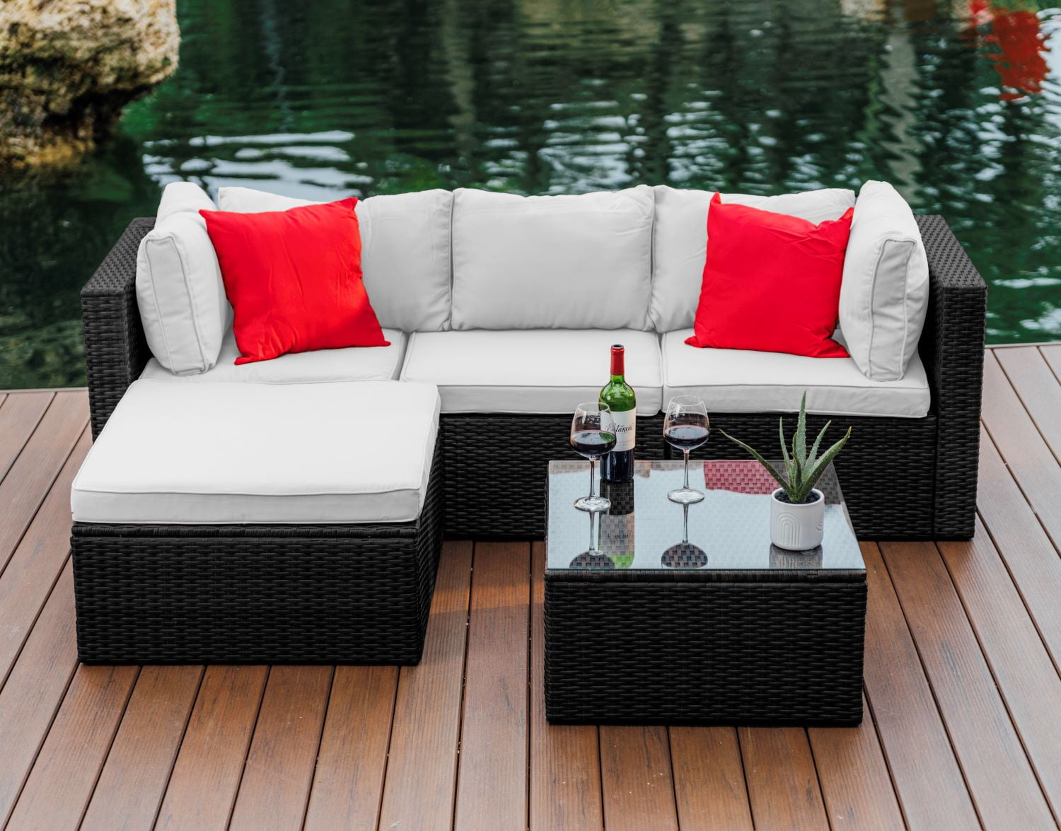 Hearth & Harbor 5-Piece Outdoor Furniture Sets, Wicker Sectional Patio Set, Black/Off White