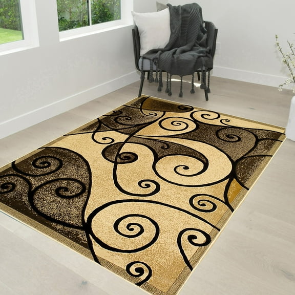 Modern Contemporary Area Rugs-Abstract Wavy Swirls -Shed Free Beige/Chocolate/Mocha/Ivory