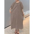 thumbnail image 4 of sicmoss Women's Coffee Brown Striped Gingham Swing Dress Crew Neck Loose Fit Midi Lantern Sleeve, 4 of 7