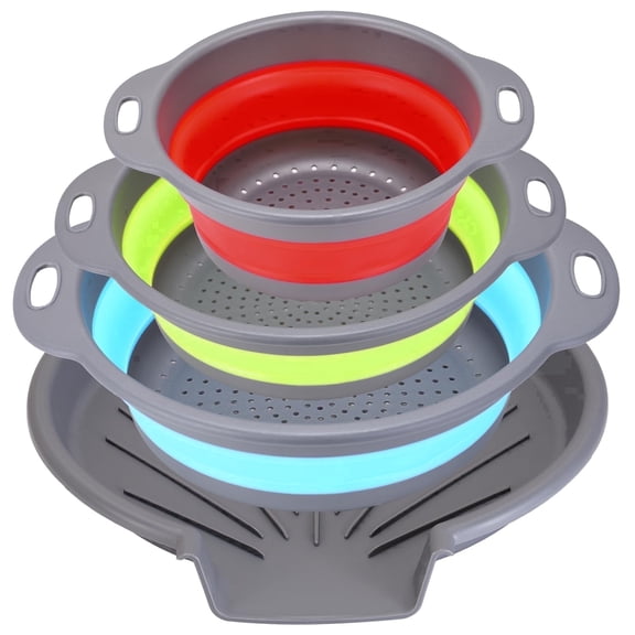 Collapsible Colanders (4 Pack Set) Food Strainers with Over-Sink Water Draining Base for Pasta Fruits and Vegetables (Patent Pending) Mixed colors (3 Sizes, 3QT, 4QT and 5 Quart)