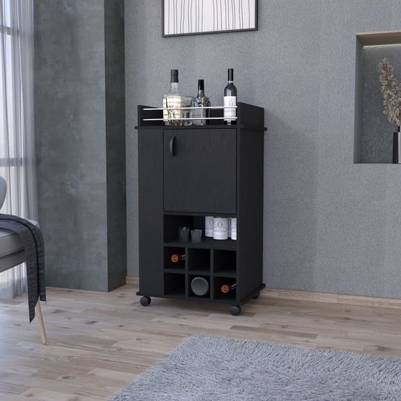 Mobile Black Bar Cart | Easy Relocation for Entertaining, Display Bottles | Engineered Wood Construction | Store Bar Necessities Neatly