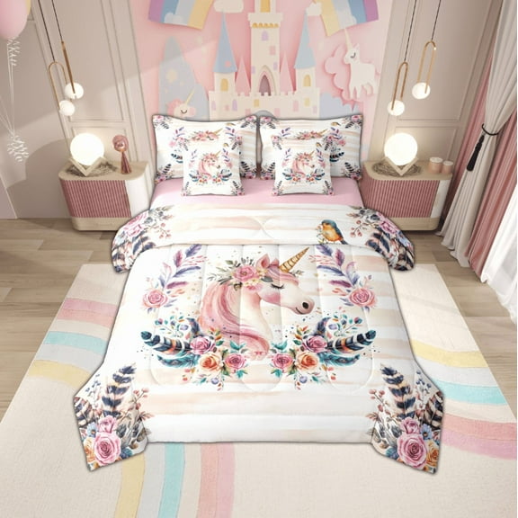 Manfei Chic Unicorn 7-Piece Twin Bedding SetsNcolorful Flower Bedding Comforter Set,Rustuc Floral Sheet Sets For Child,Breathable Home Decor Reversible