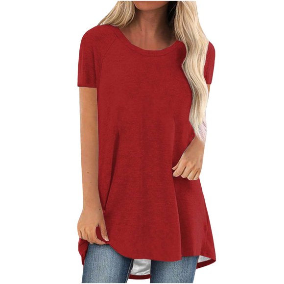 Timegard Summer Tops for Women Drop Shoulder Short Sleeve Round Neck Dressy Casual Comfy Tunic Tops