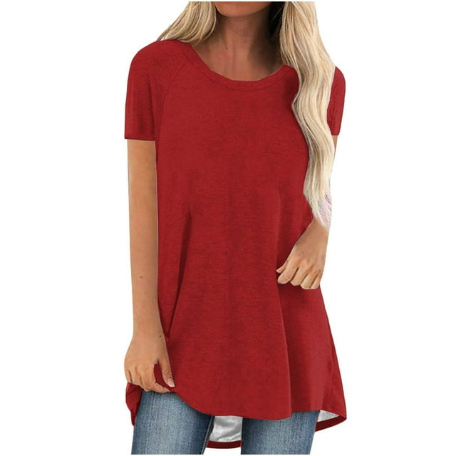 Pisexur Womens Summer Plus Size Tops Casual Solid Color Blouses Short Sleeve Shirts Flowy Pleated Tunic Tops