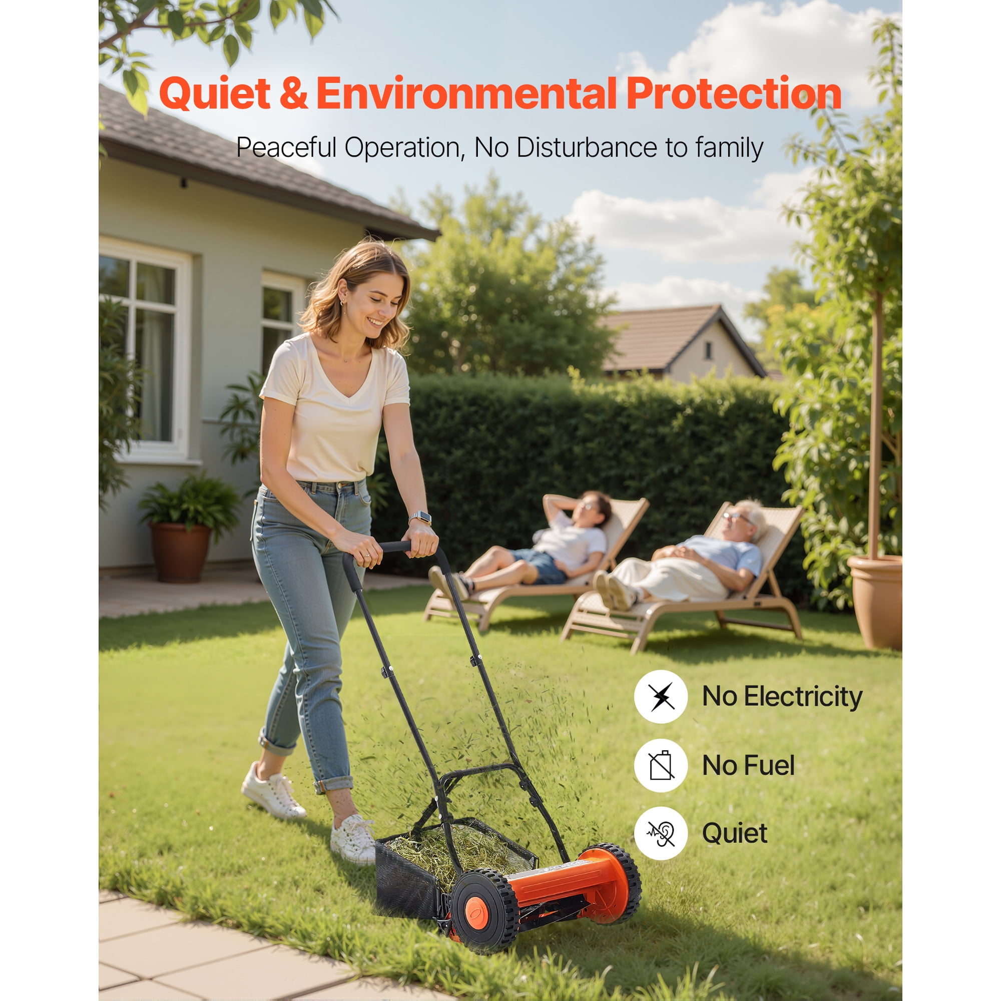 KFFKFF 14-Inch Manual Push Reel Lawn Mower, 5-Blade Design, Adjustable Cutting Height (0.6-1.75 in), Walk-Behind Mower with Grass Catcher for Lawns, Driveways, and Courtyards