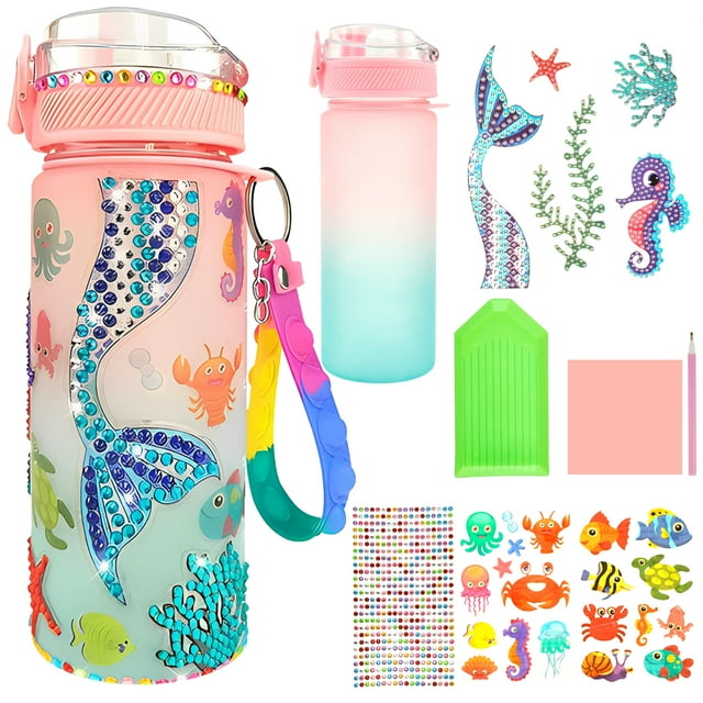 Wekvgz Water Bottle Kits Pretty Colorful Kids Water Bottle Gifts Safe Mermaid Water Bottle with Stickers Attractive Decorate Your Own Water Bottle Kits for Little Kids
