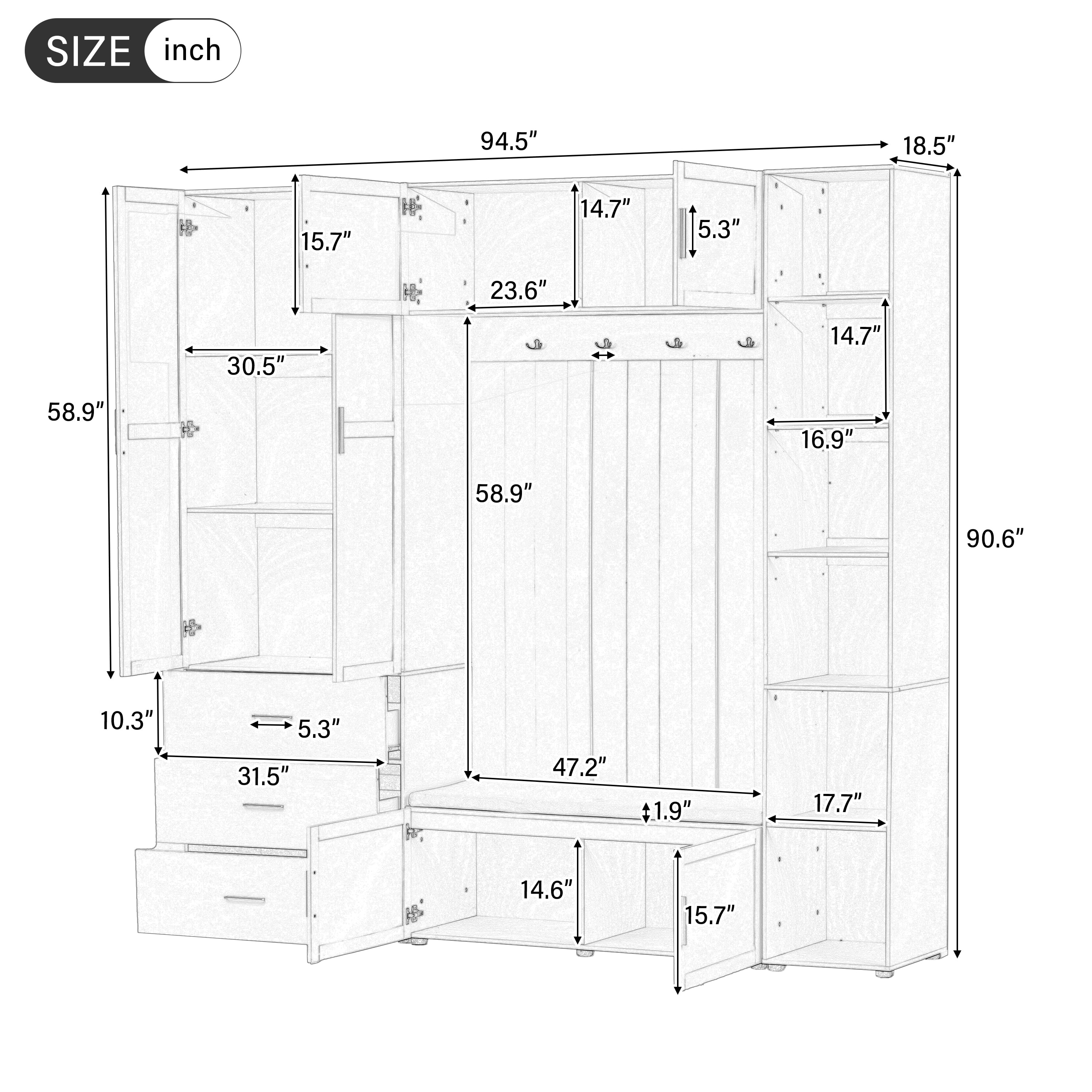 T-Foyer Modern White 4-in-1 Hall Tree with 4 Hooks, Padded Bench & Cabinets, Wooden Rustic Entryway Organizer with Open Storage & 3 Drawers