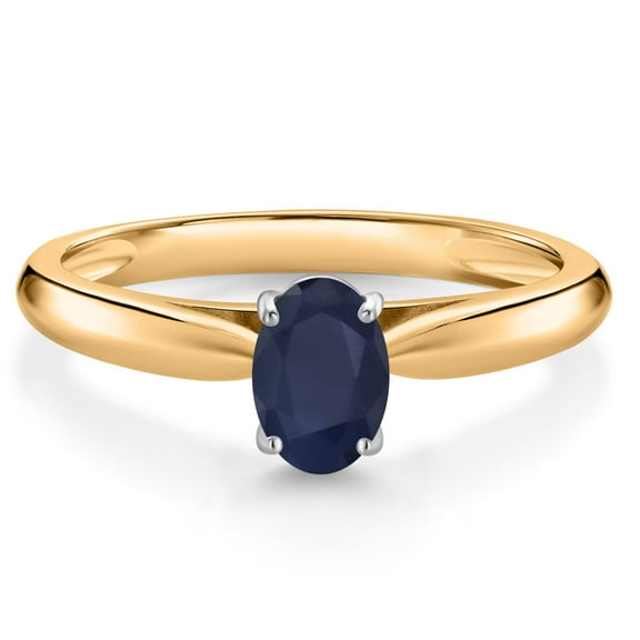 Gem Stone King 0.55 Ct Oval Blue Sapphire 10K Yellow and White Gold Solitaire Engagement Ring (Size 5)