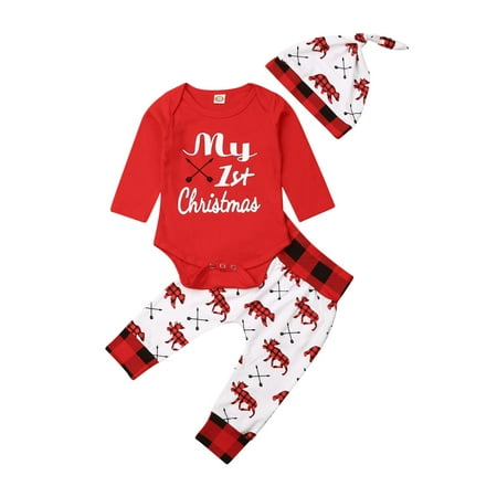 

Huakaishijie Baby Boys Girls 3PCS Christmas Outfit Set Long Sleeve Letter Pattern Neckline Romper Long Animals Printed Pants and Hat