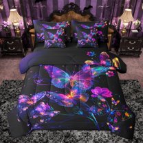 jejeloiu Chic Neon Butterfly 7-Piece Bedding Comforter Set,Wild Flying Animal King Bedding Sets,Purple Black Bed Sheets For Girls Kids,Ultra Soft Home Decor Reversible