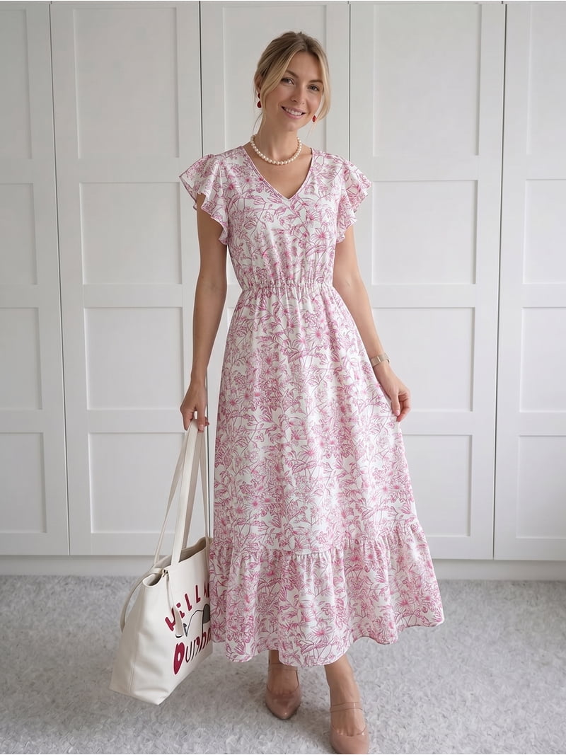 boho dress blush Boho Watercolor Floral Maxi Dress, Pink Chiffon Resort Wear, Romantic Summer Beach Vacation Style