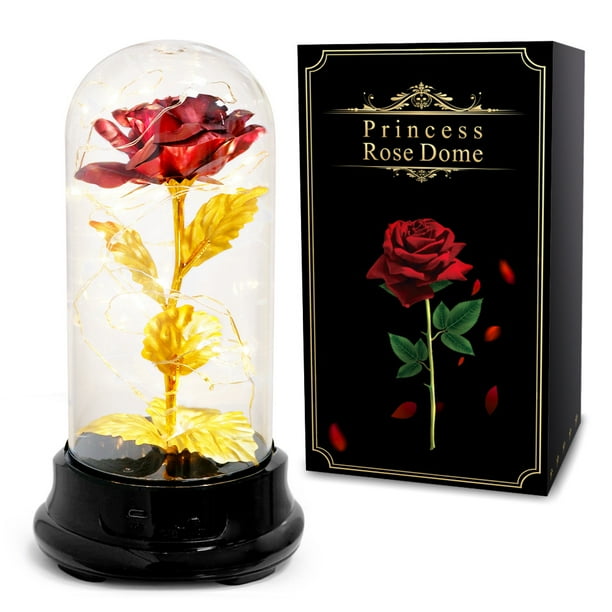 Regalos de rosa de La Bella y la Bestia: rosa eterna, adorno de cúpula de flor de rosa artificial con LED, rosa roja romántica para Navidad, San Valentín, cumpleaños, etc.