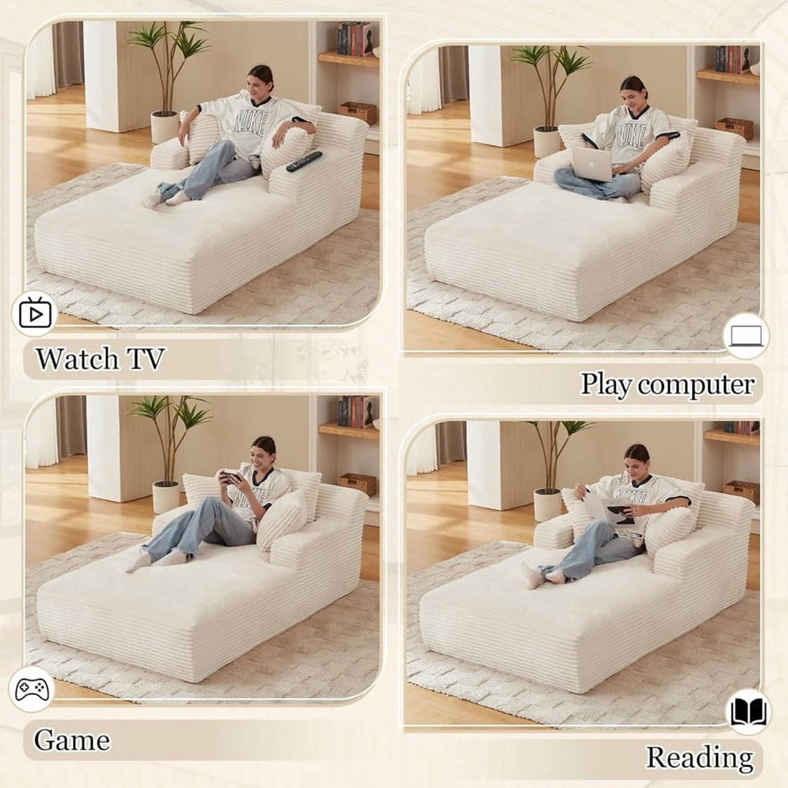 Oversized Chaise Lounge Chair Indoor, 78.7" Extra Deep Boneless Corduroy Lounge Couch Bed with 3 Pillows, Single Seat Reading Chairs for Living Room,Bedroom,Apartment
