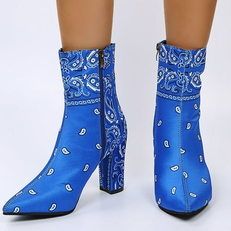 

Valentine s Day Clearance Hvyes Women s Shoes Large Size High-heeled Satin Cloth Printed Pointed Toe Thick-heeled Ethnic Style Boots