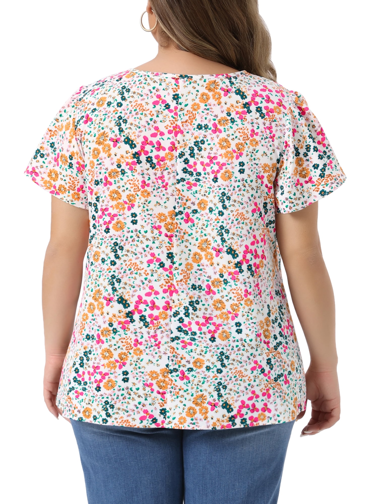 Women's Plus Women's Floral Short Sleeve Crew Neck Blouse Summer Shirt 4X White