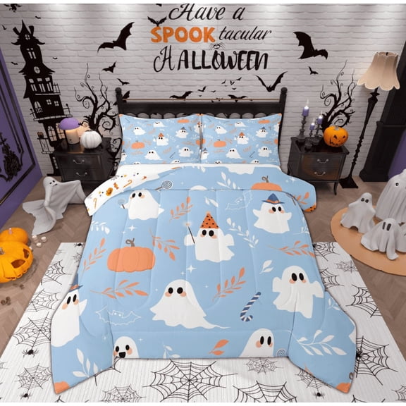 Manfei Orange Pumpkin Comforter Sets King Size, Magic Gothic Ghost Comforters & Duvets, Halloween Theme Reversible Bedding King Comforter Set, Microfiber Bedroom Decorative, 3pcs
