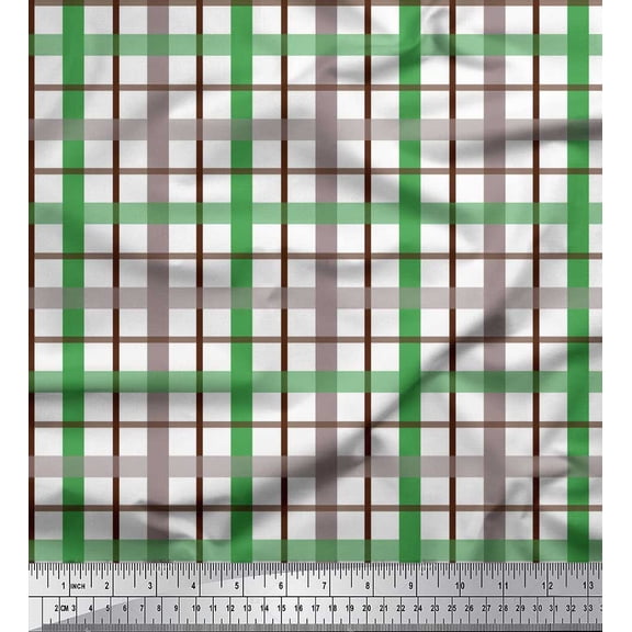 Soimoi Green Silk Fabric Window Pane Check Printed Fabric 1 Yard 42 Inch Wide