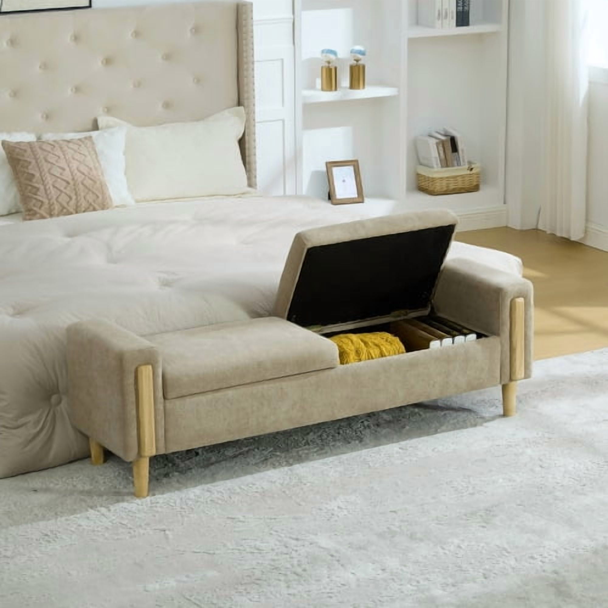 65.67" Wide Modern Upholstered Storage Bench with Double Lids and Armrest, Chenille Fabric, Rubberwood Legs, for Living Room, Entryway, Bedroom, Dormitory, Greige