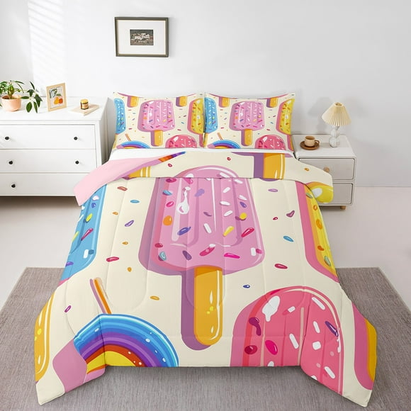 YST Colorful Popsicle Queen Bedding Set,Cute Rainbow Popsicle Comforter Set for Kids Girls Boys Kawaii Room Decor,Watercolor Candy Dessert Quilt Bed Set Food Theme Bed Comforter Set 3Pcs
