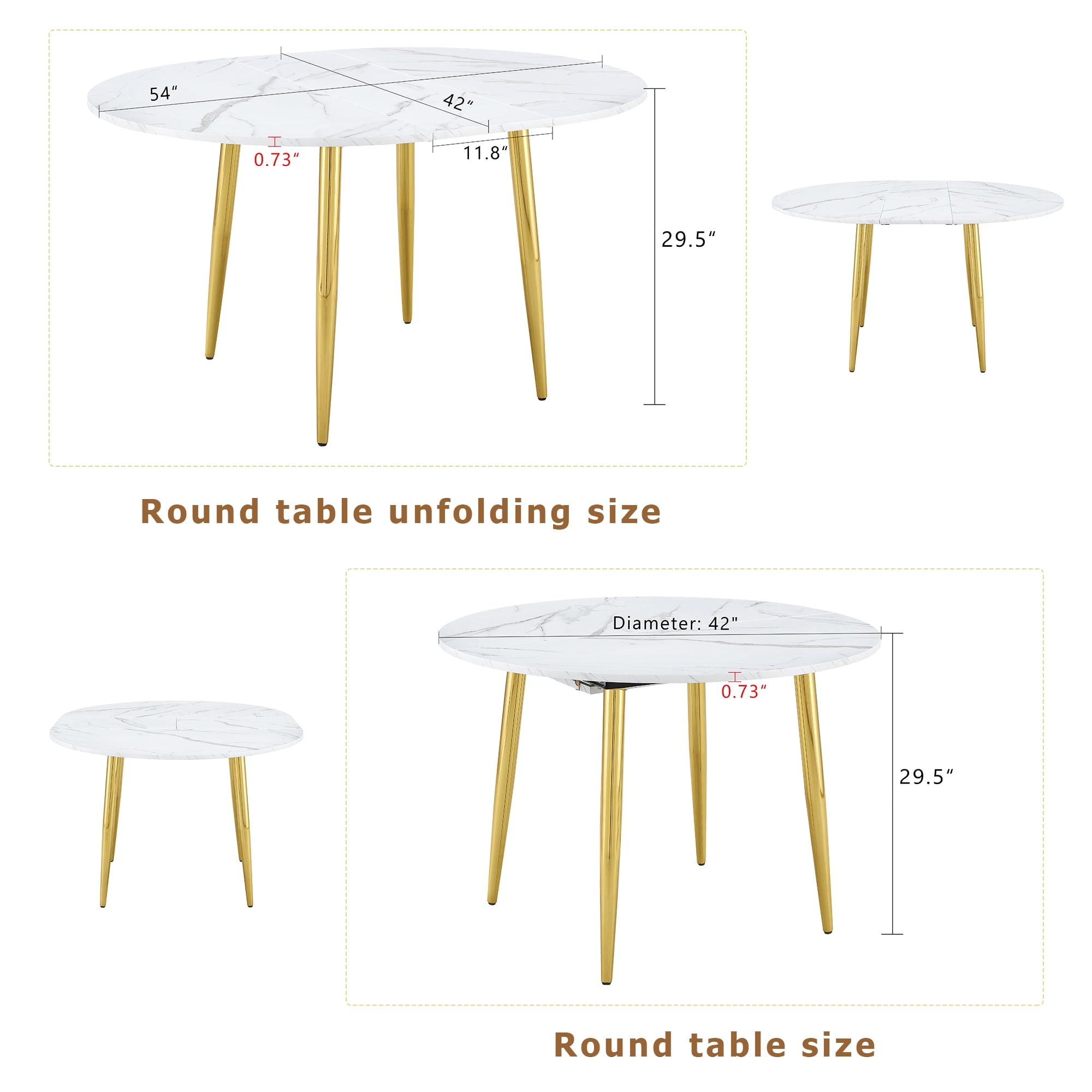 Mintazer Extendable Round to Oval Dining Table with White Marble Vein MDF Top & Gold Metal Legs, Modern Kitchen Table for 4-6 People, White